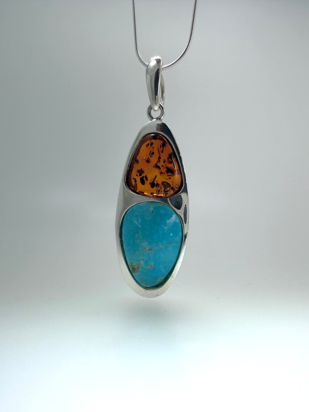 Sterling Silver Baltic Amber & Sleeping Beauty Turquoise Pendant – Handmade Modern Elongated Design – Snake Chain Necklace