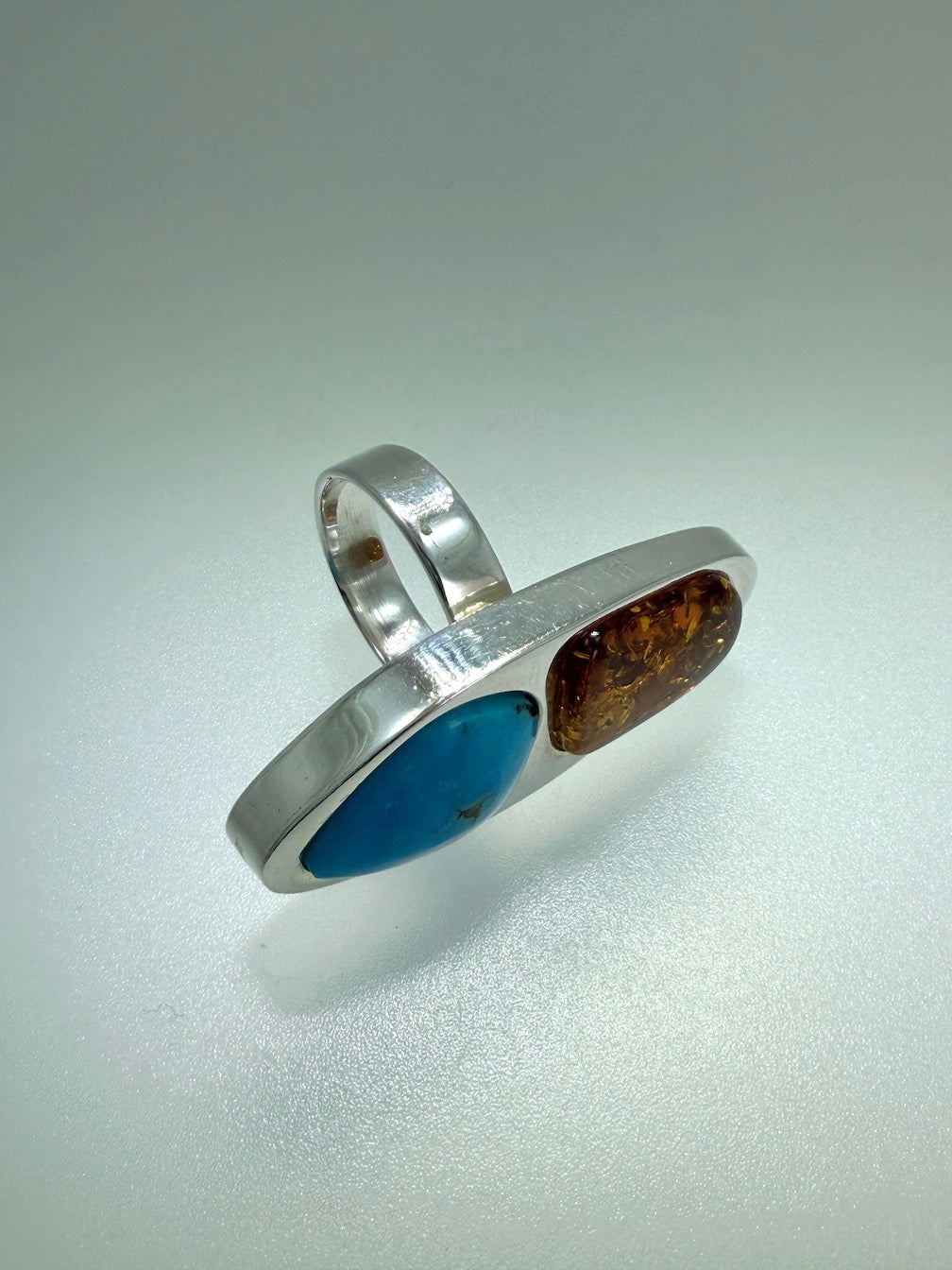 Sterling Silver Baltic Amber & Sleeping Beauty Turquoise Pendant – Handmade Modern Elongated Design – Snake Chain Necklace