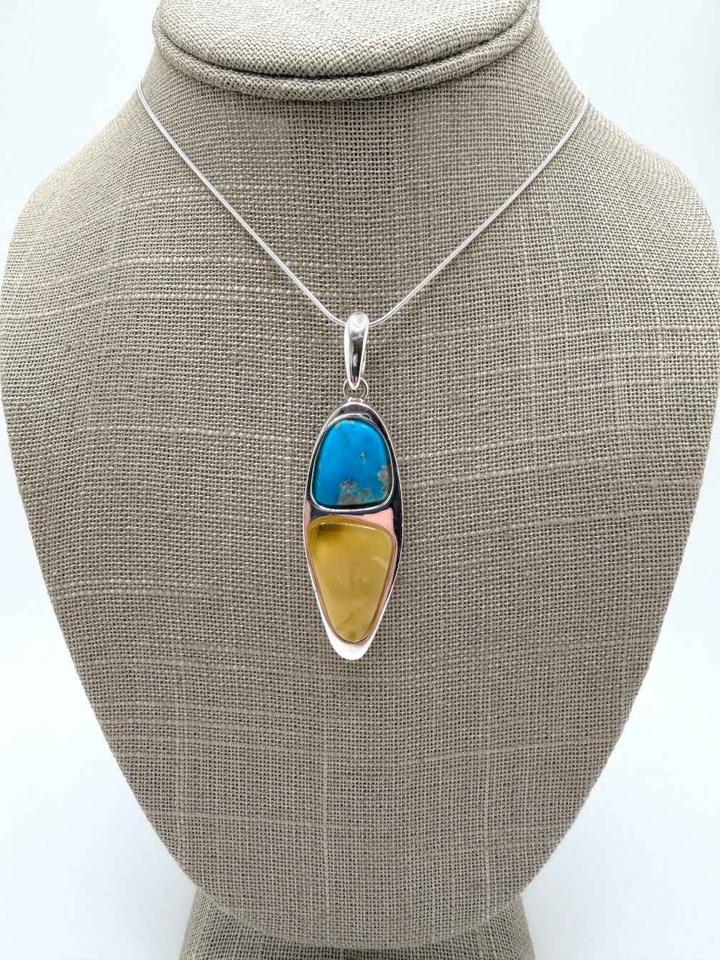 Sterling Silver Baltic Amber & Sleeping Beauty Turquoise Pendant – Handmade Modern Elongated Design – Snake Chain Necklace