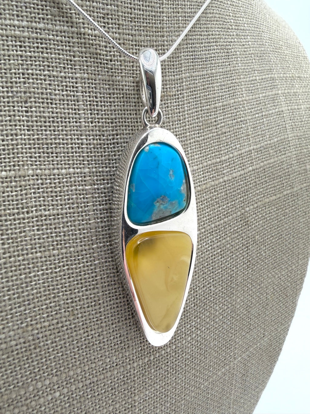 Sterling Silver Baltic Amber & Sleeping Beauty Turquoise Pendant – Handmade Modern Elongated Design – Snake Chain Necklace