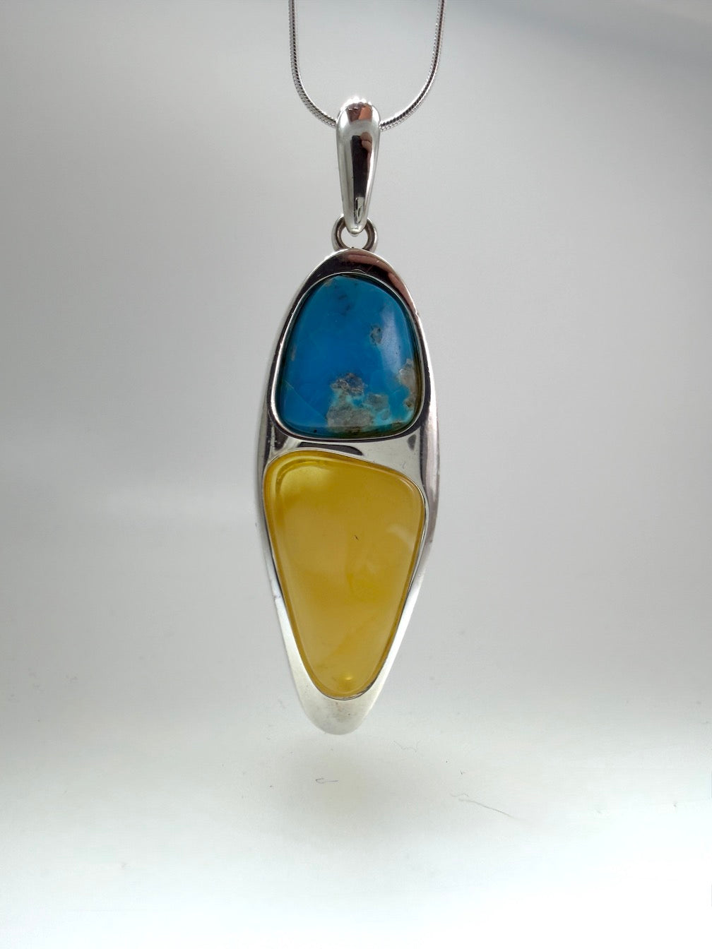 Sterling Silver Baltic Amber & Sleeping Beauty Turquoise Pendant – Handmade Modern Elongated Design – Snake Chain Necklace