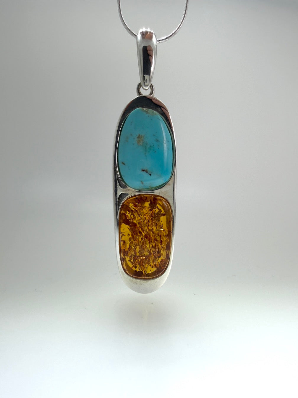 Sterling Silver Baltic Amber & Sleeping Beauty Turquoise Pendant – Handmade Modern Elongated Design – Snake Chain Necklace