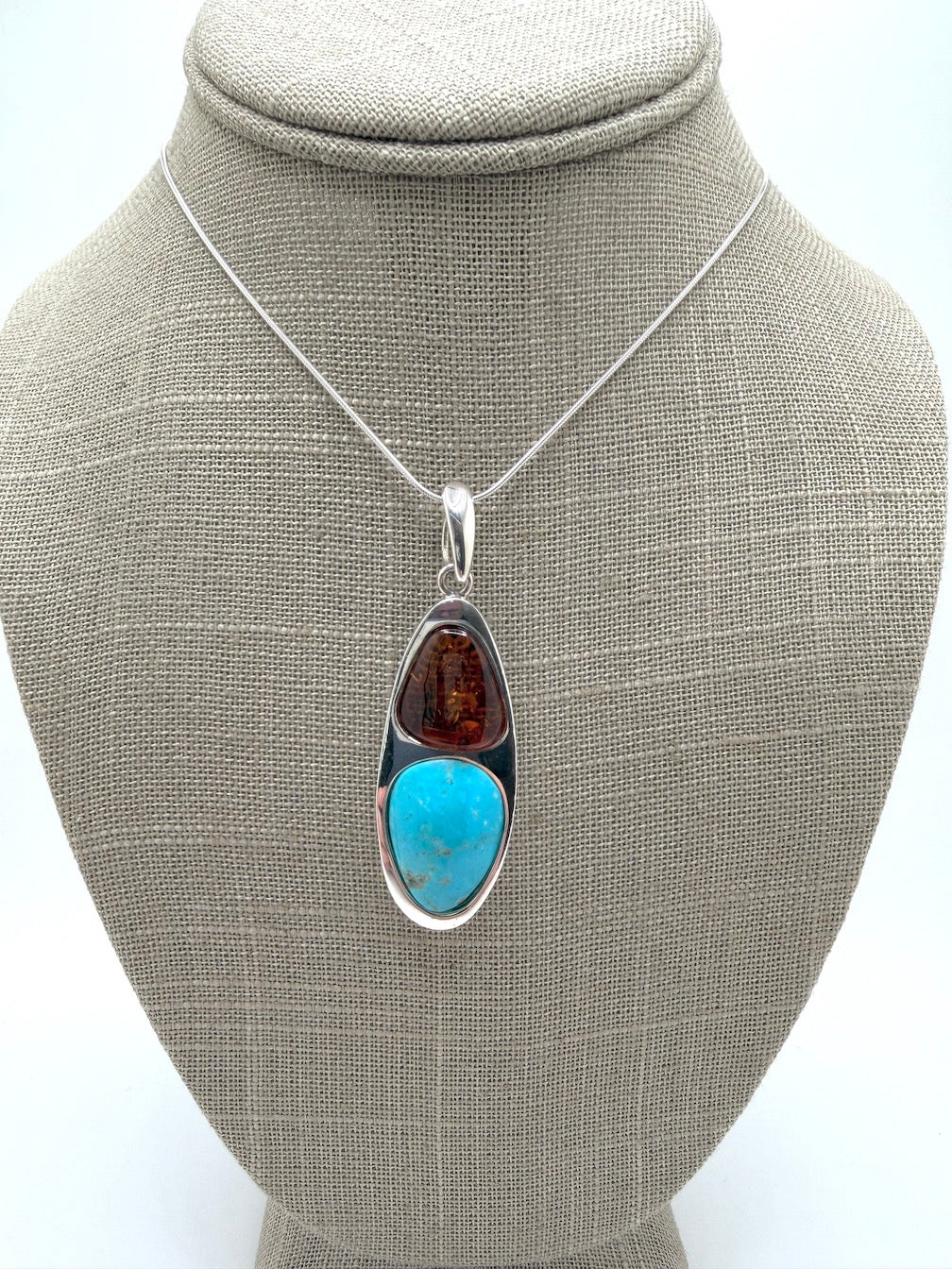 Sterling Silver Baltic Amber & Sleeping Beauty Turquoise Pendant – Handmade Modern Elongated Design – Snake Chain Necklace