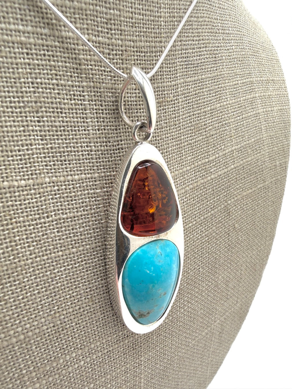 Sterling Silver Baltic Amber & Sleeping Beauty Turquoise Pendant – Handmade Modern Elongated Design – Snake Chain Necklace
