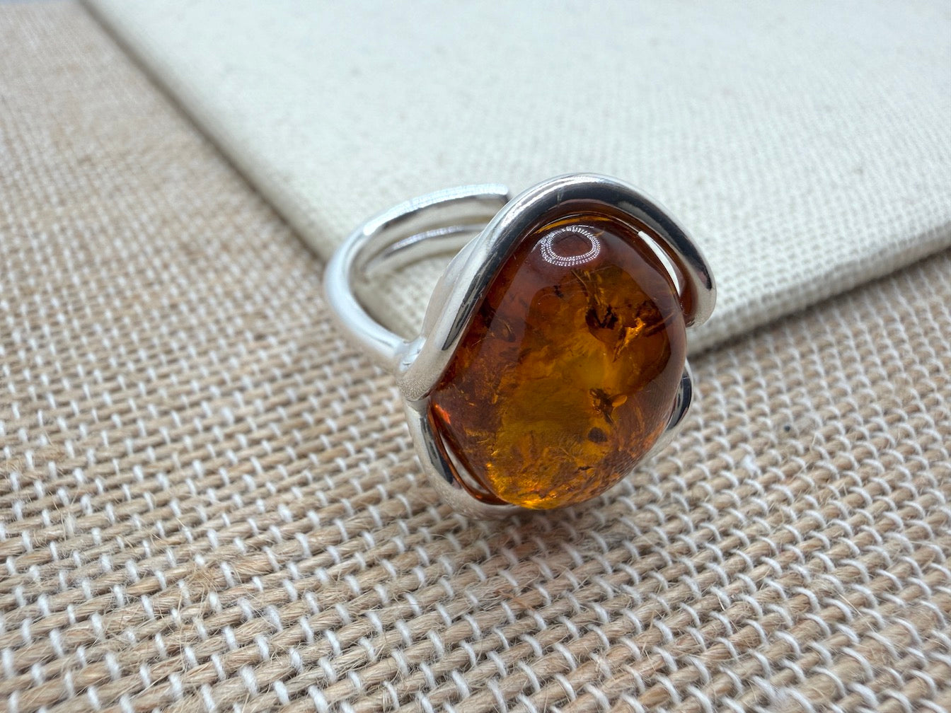 Sterling Silver Cognac Baltic Amber Adjustable Size Ring