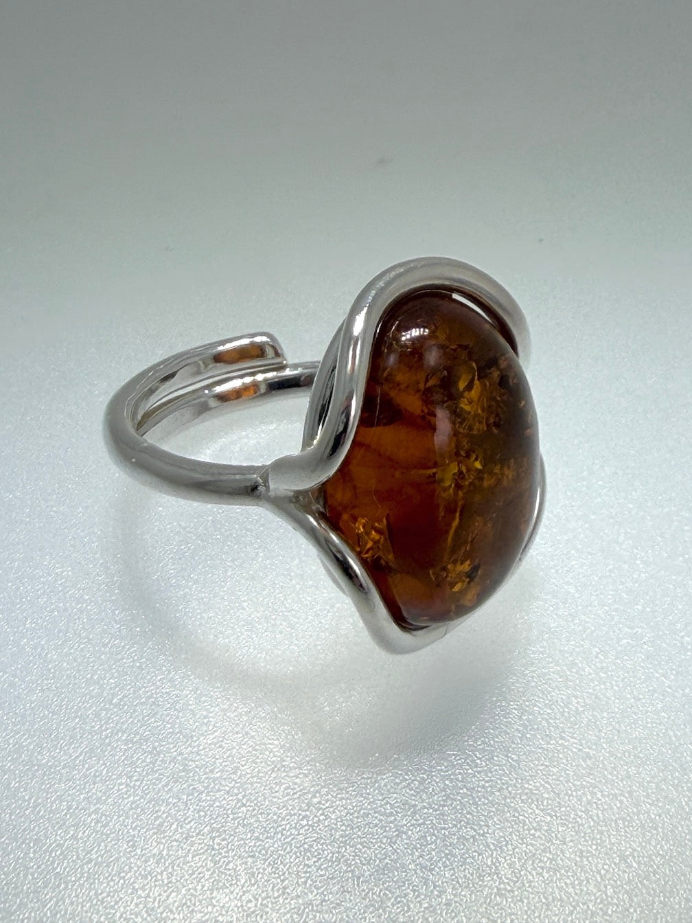 Sterling Silver Cognac Baltic Amber Adjustable Size Ring