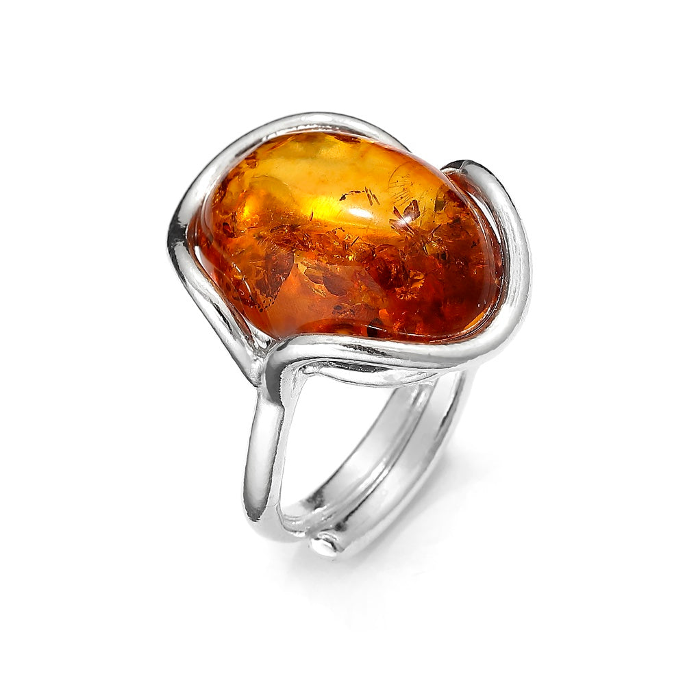 Sterling Silver Cognac Baltic Amber Adjustable Size Ring