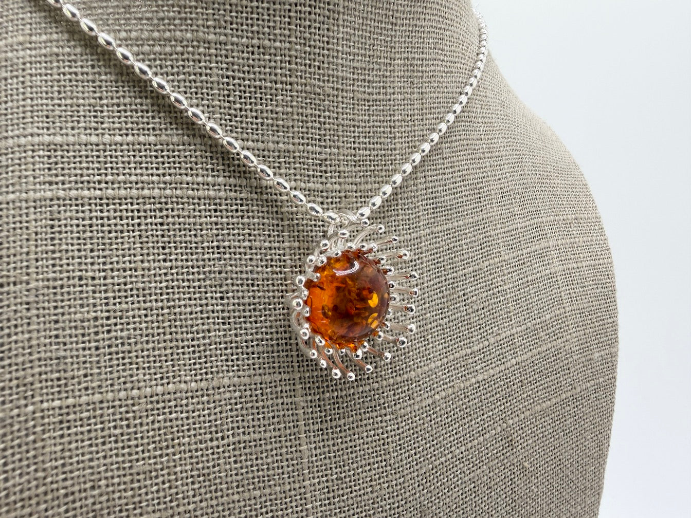 Sterling Silver Cognac Baltic Amber Pendant Necklace – Modern Whimsical Design on Bead Chain – Unique Silver Pin Setting