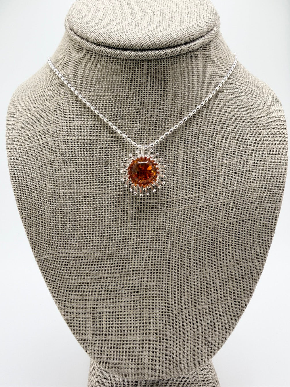 Sterling Silver Cognac Baltic Amber Pendant Necklace – Modern Whimsical Design on Bead Chain – Unique Silver Pin Setting