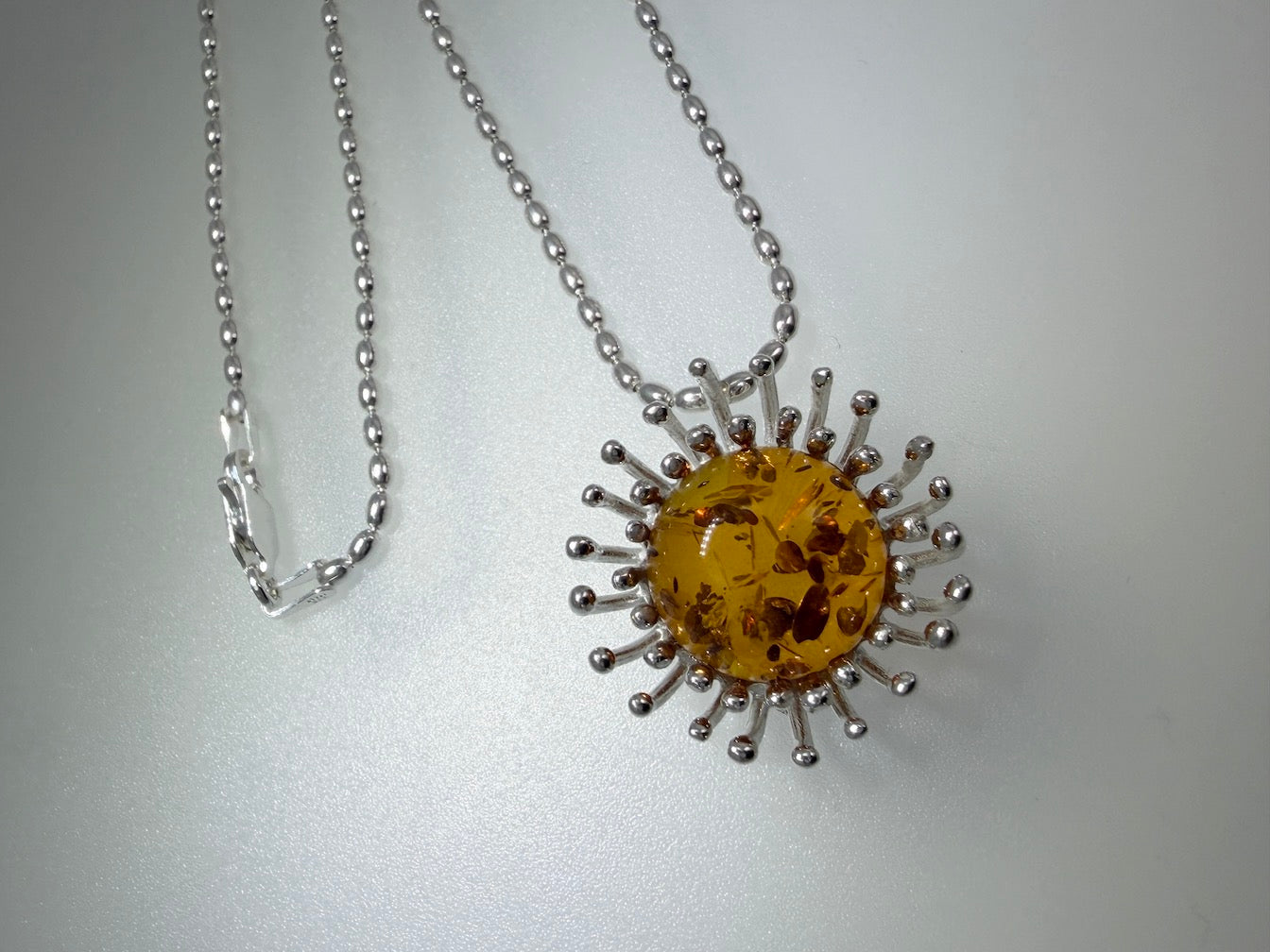 Sterling Silver Cognac Baltic Amber Pendant Necklace – Modern Whimsical Design on Bead Chain – Unique Silver Pin Setting