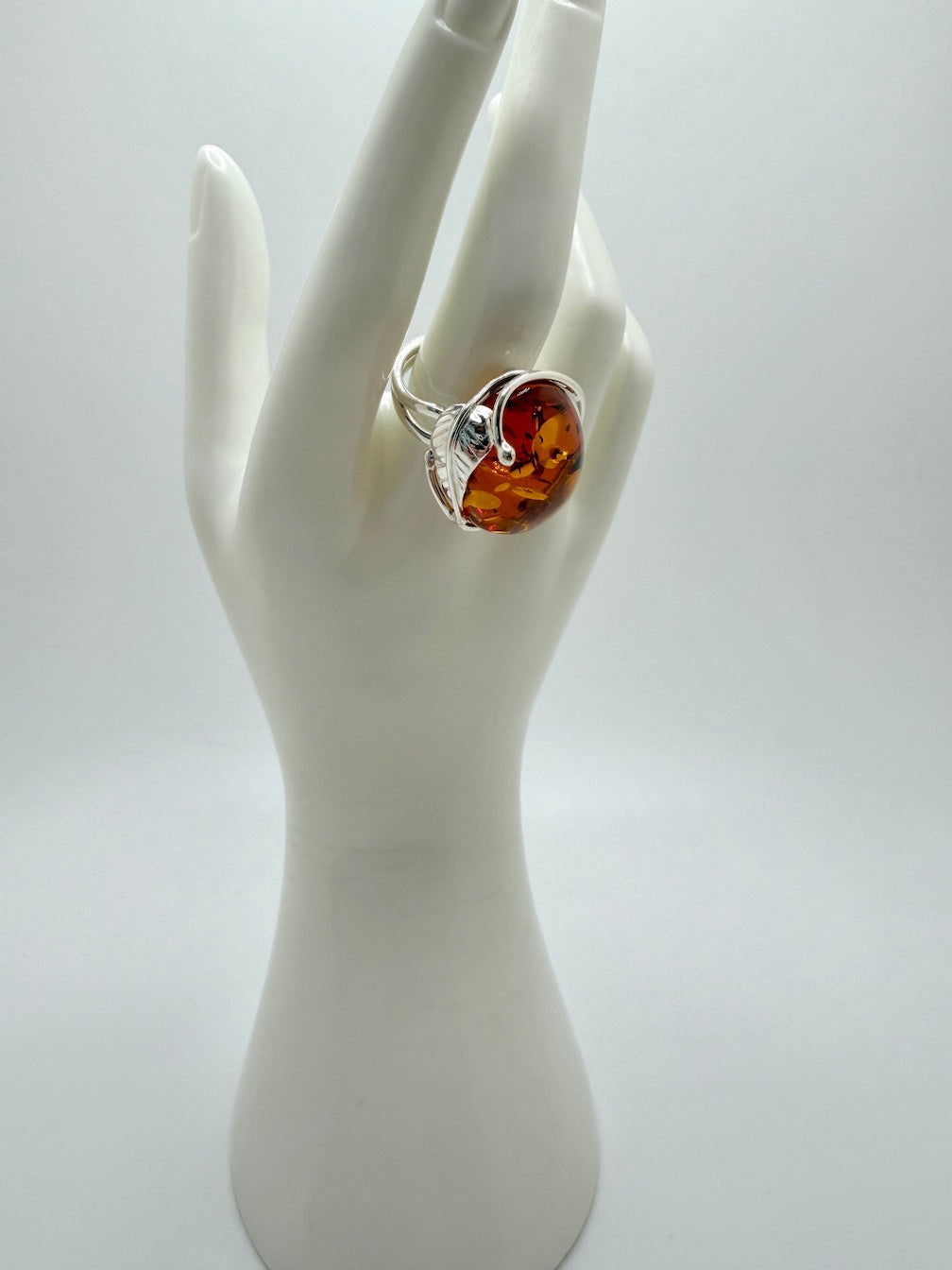 Sterling Silver Cognac Baltic Amber Ring – Handmade organic leaf design