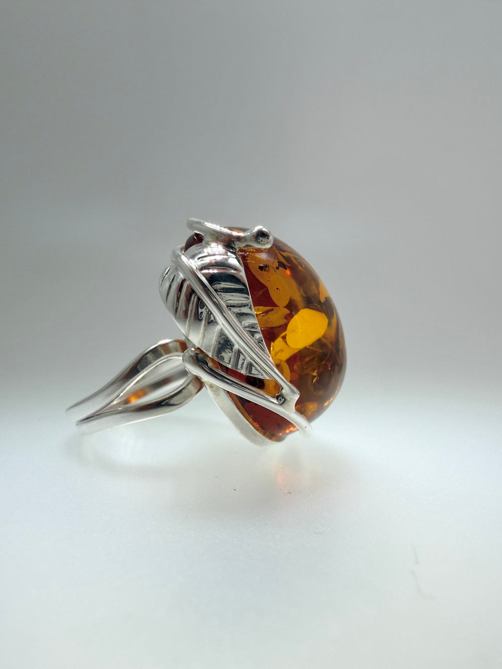 Sterling Silver Cognac Baltic Amber Ring – Handmade organic leaf design