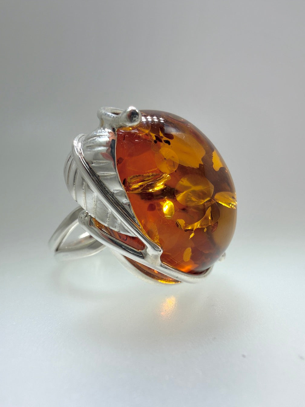 Sterling Silver Cognac Baltic Amber Ring – Handmade organic leaf design