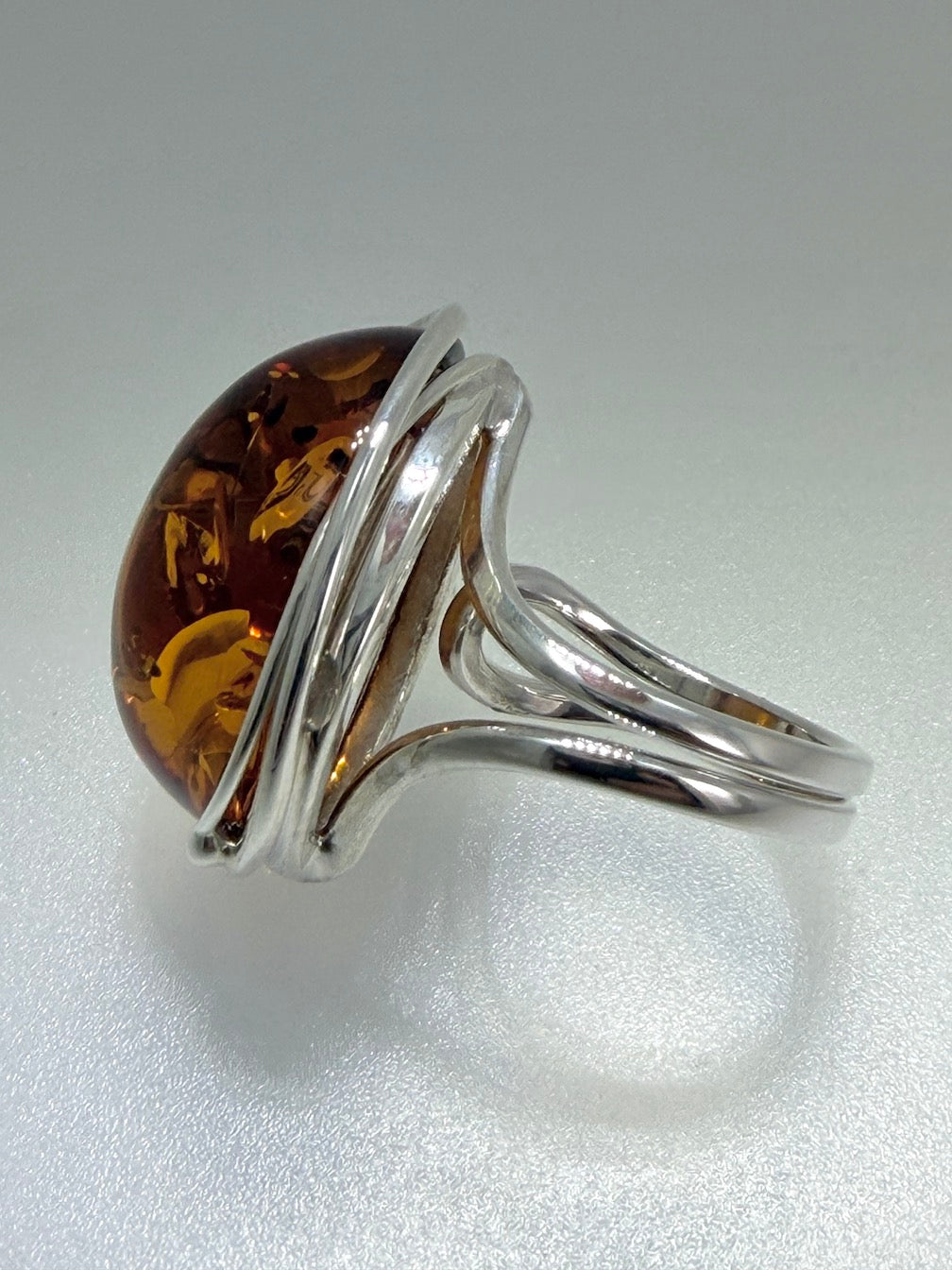 Sterling Silver Cognac Baltic Amber Ring – Handmade organic leaf design