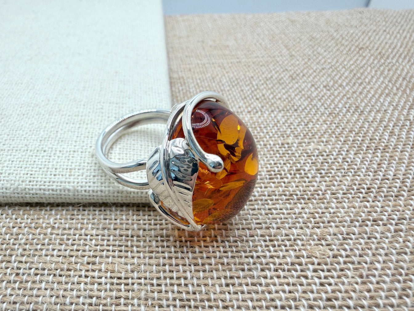 Sterling Silver Cognac Baltic Amber Ring – Handmade organic leaf design