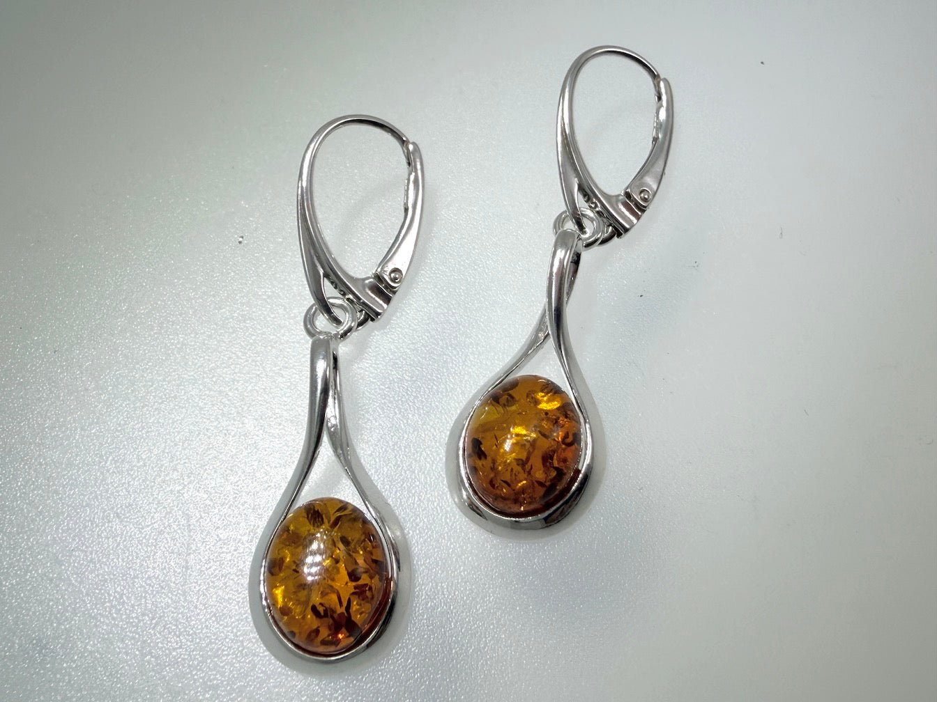 Sterling Silver Cognac Baltic Amber Star & Ribbon Drop Lever Back Earrings | Elegant Lightweight Dangle Jewelry