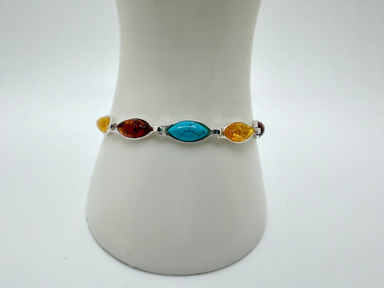 Sterling Silver Cognac & Lemon Baltic Amber with Turquoise Link Bracelet