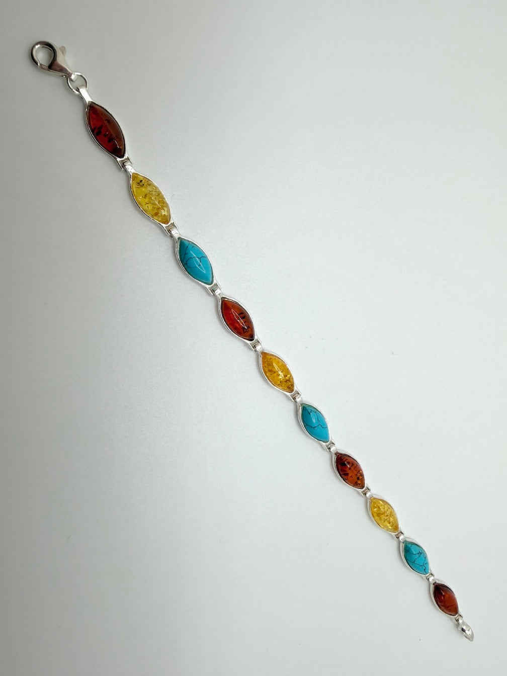 Sterling Silver Cognac & Lemon Baltic Amber with Turquoise Link Bracelet