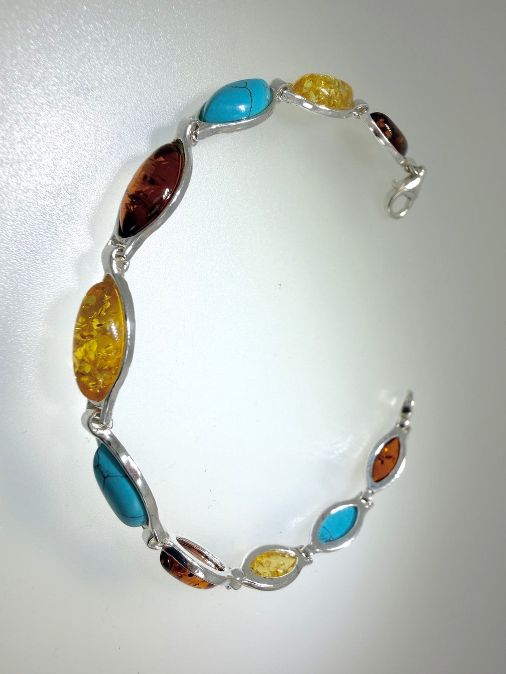 Sterling Silver Cognac & Lemon Baltic Amber with Turquoise Link Bracelet