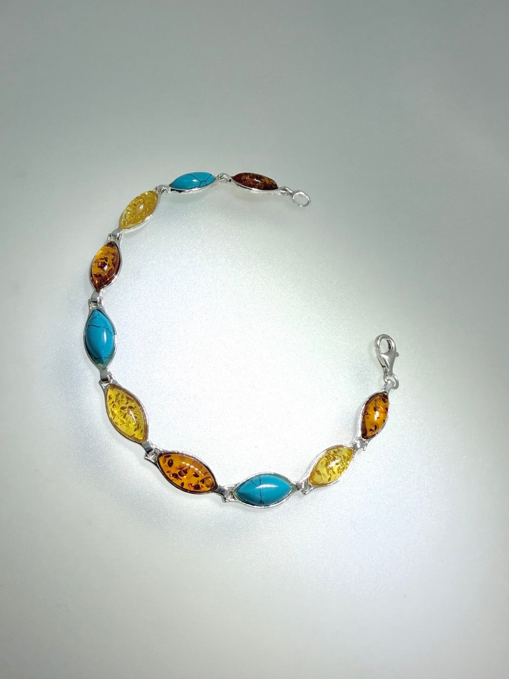Sterling Silver Cognac & Lemon Baltic Amber with Turquoise Link Bracelet