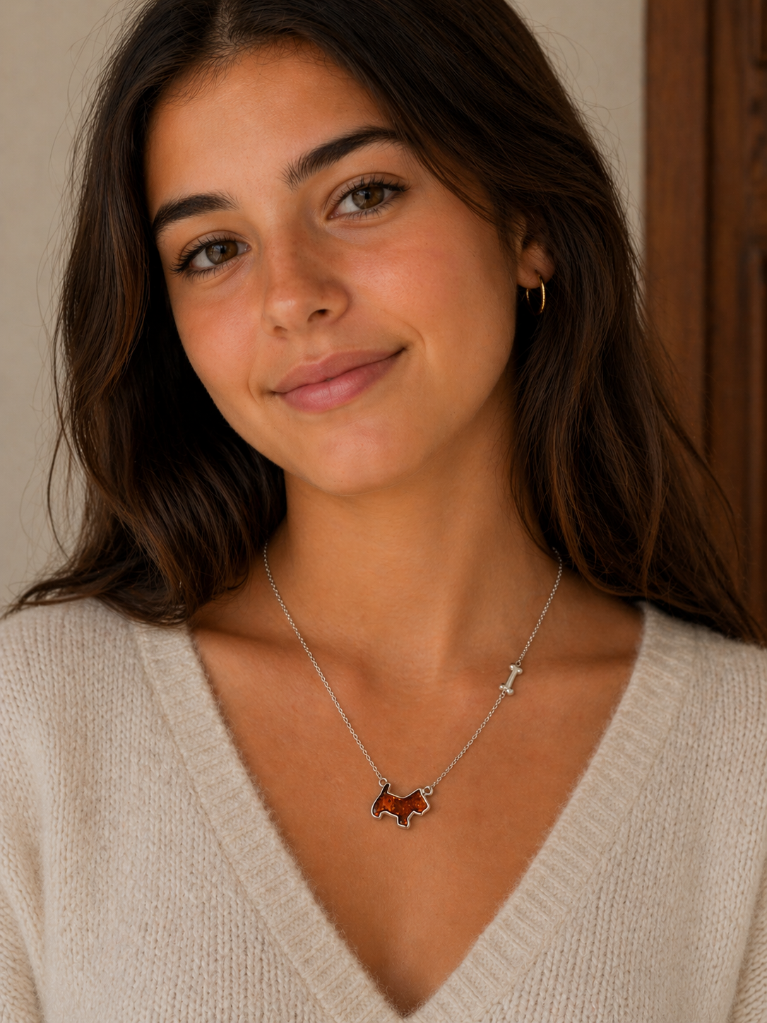 Sterling Silver Dog & Bone Necklace – Hand-Carved Honey Baltic Amber Pup with Extension Charm
