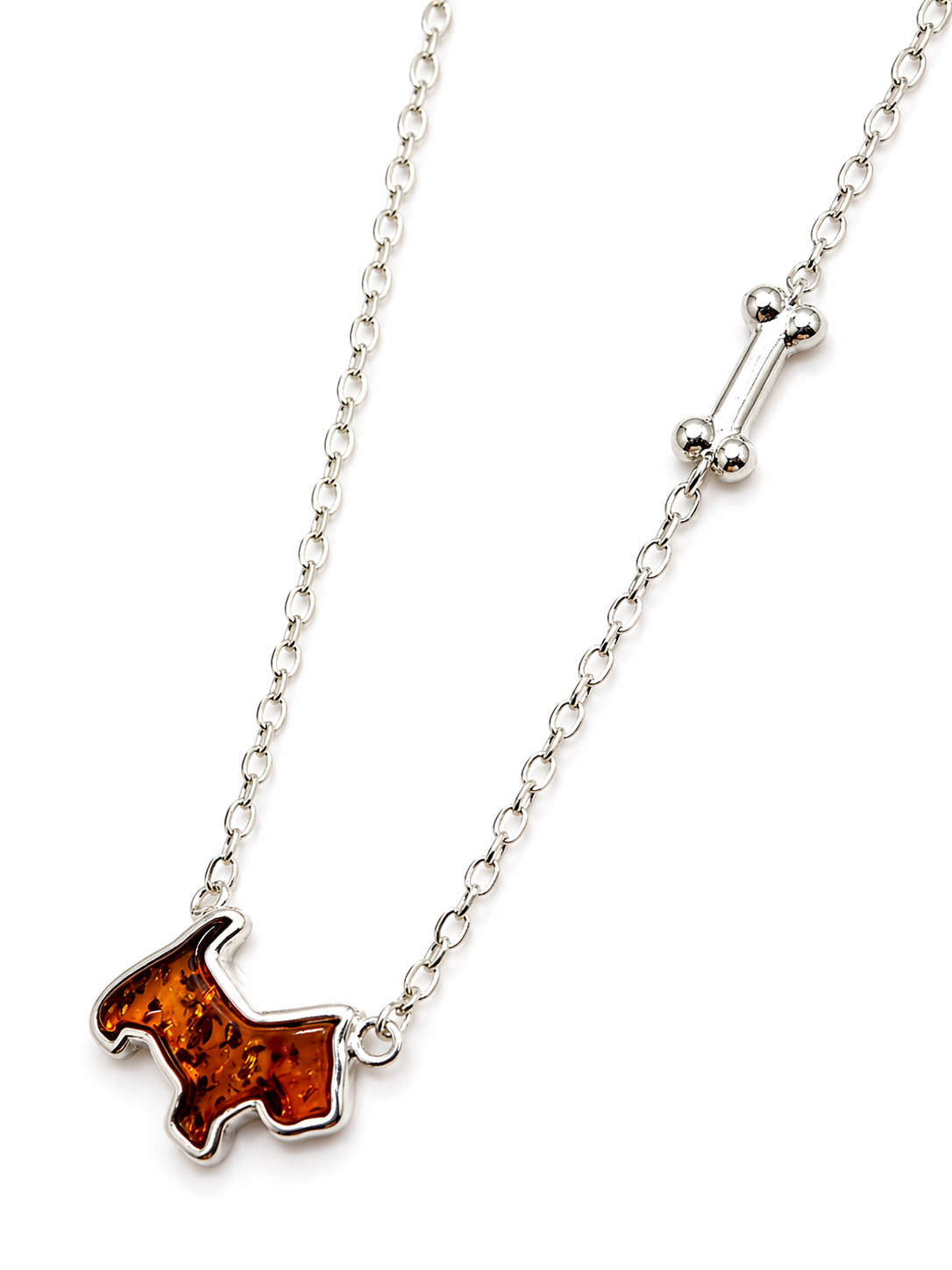 Sterling Silver Dog & Bone Necklace – Hand-Carved Honey Baltic Amber Pup with Extension Charm