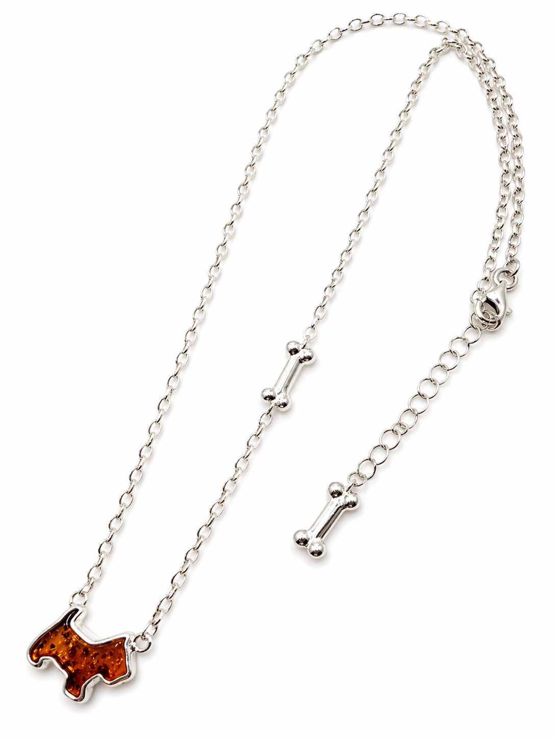 Sterling Silver Dog & Bone Necklace – Hand-Carved Honey Baltic Amber Pup with Extension Charm