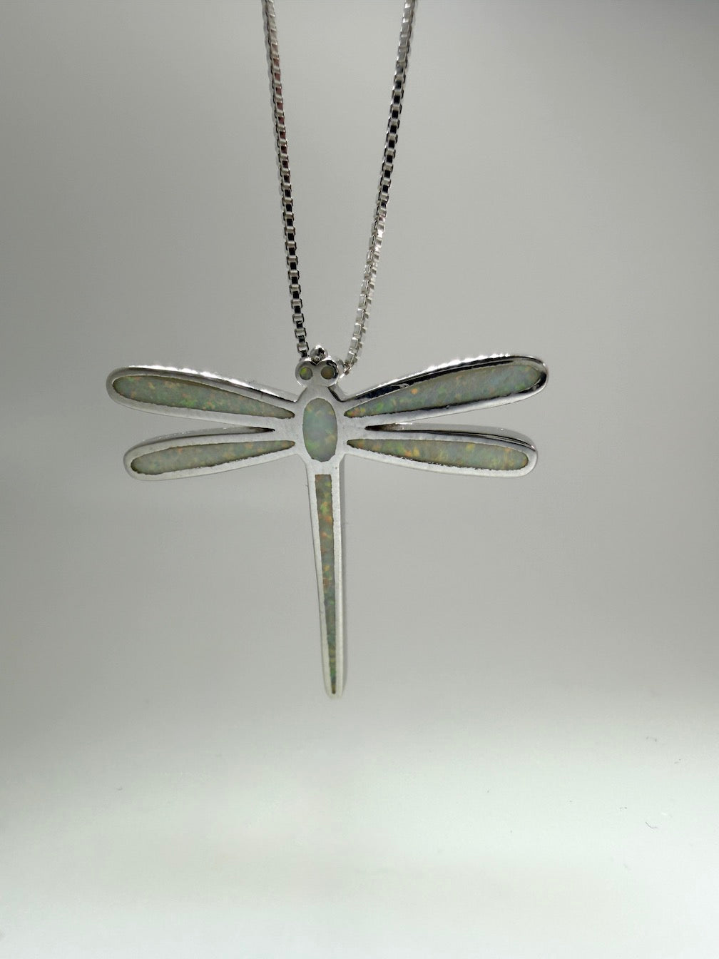 Sterling Silver Dragonfly Necklace – CZ, Blue and White Opal – 18” Silver Chain Included