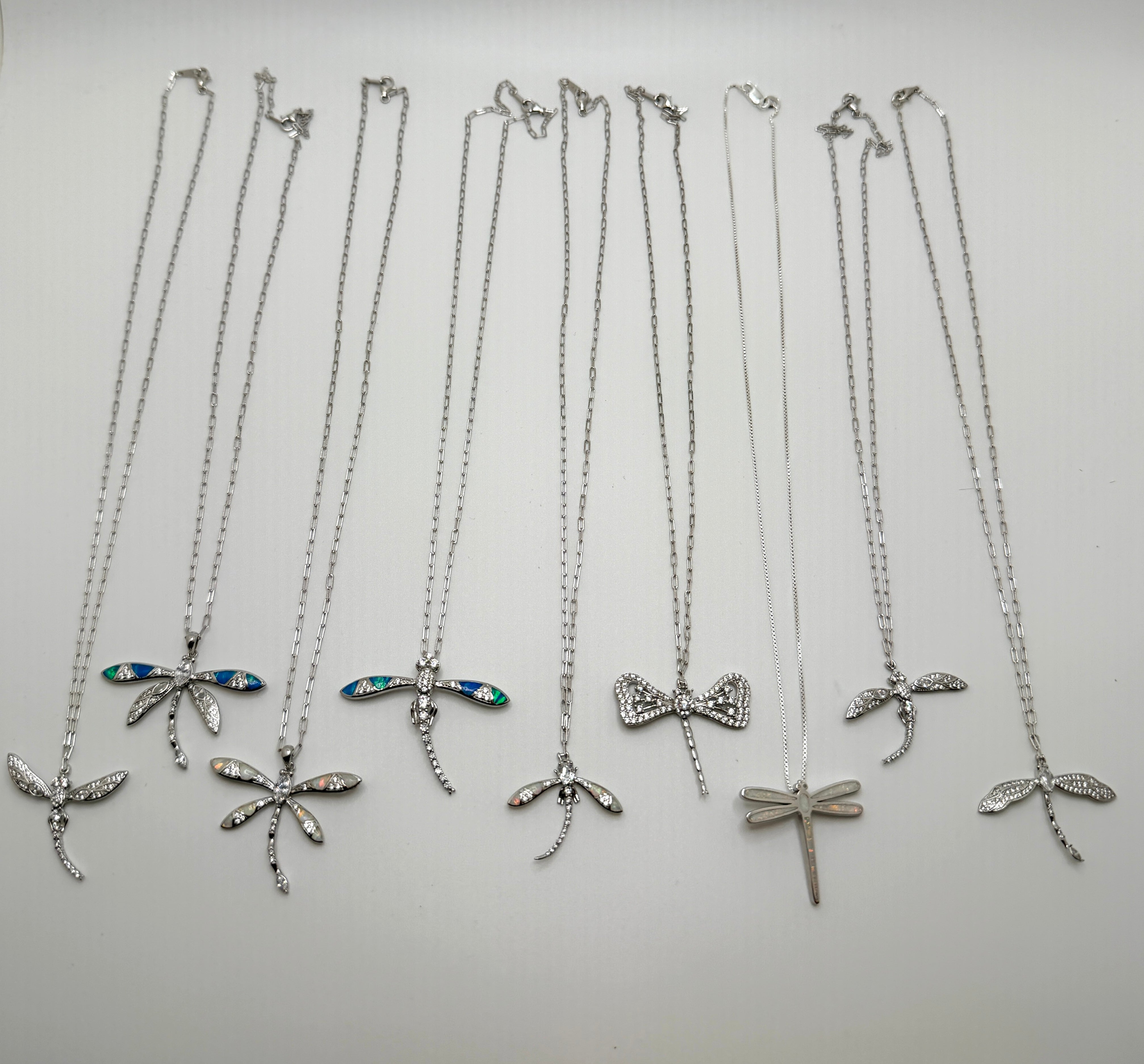Sterling Silver Dragonfly Necklace – CZ, Blue and White Opal – 18” Silver Chain Included