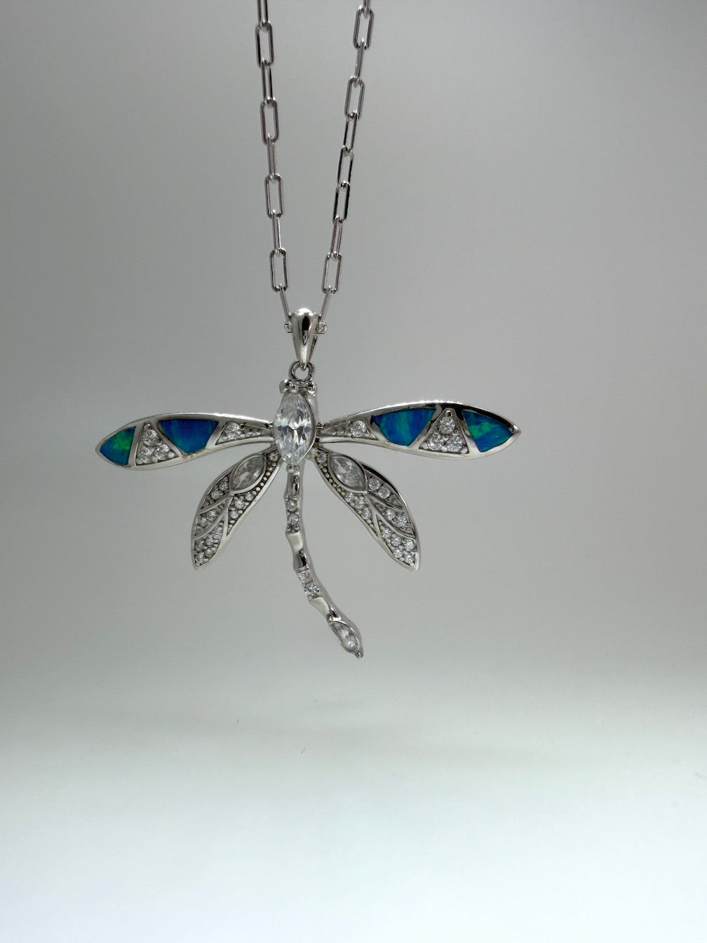 Sterling Silver Dragonfly Necklace – CZ, Blue and White Opal – 18” Silver Chain Included
