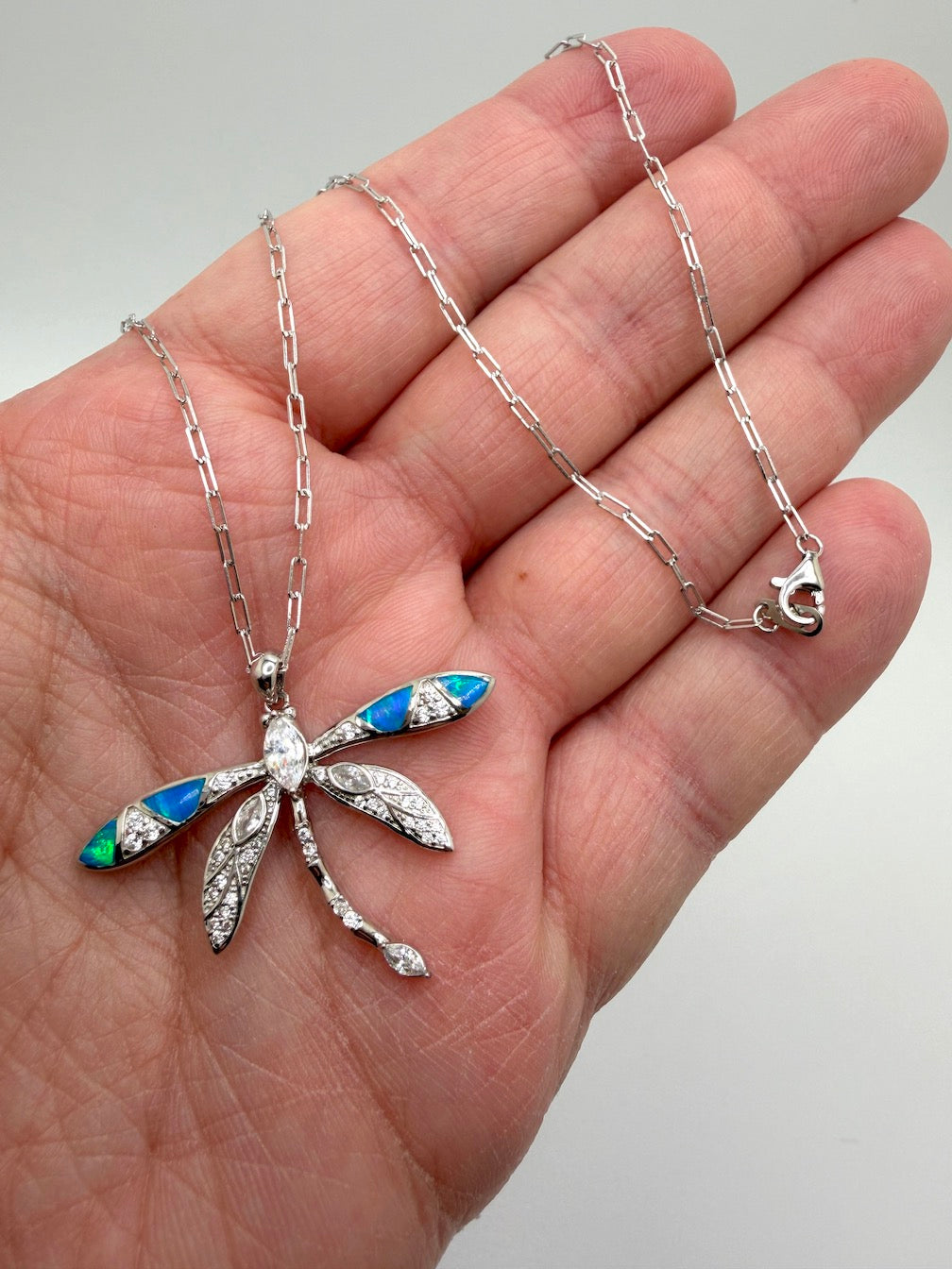Sterling Silver Dragonfly Necklace – CZ, Blue and White Opal – 18” Silver Chain Included