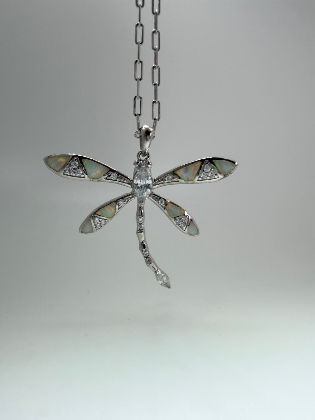 Sterling Silver Dragonfly Necklace – CZ, Blue and White Opal – 18” Silver Chain Included