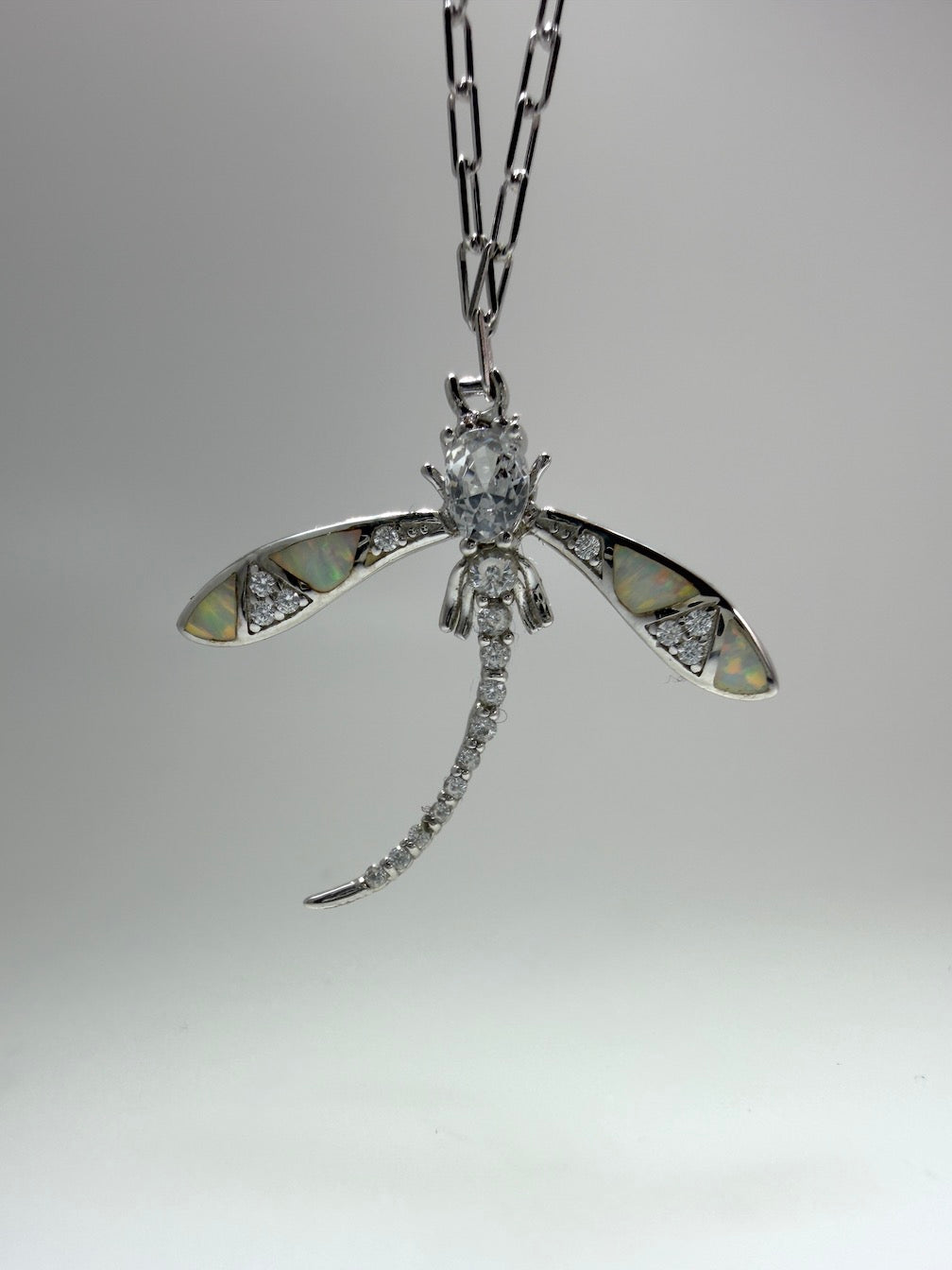 Sterling Silver Dragonfly Necklace – CZ, Blue and White Opal – 18” Silver Chain Included
