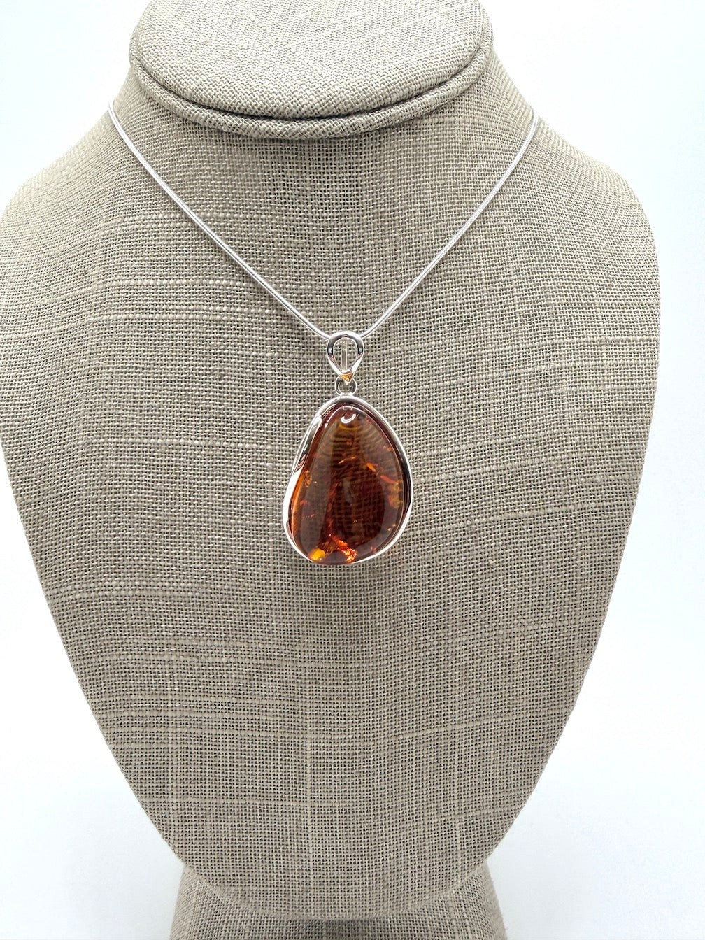 Sterling Silver Genuine Baltic Amber Organic Oval Pendant Necklace