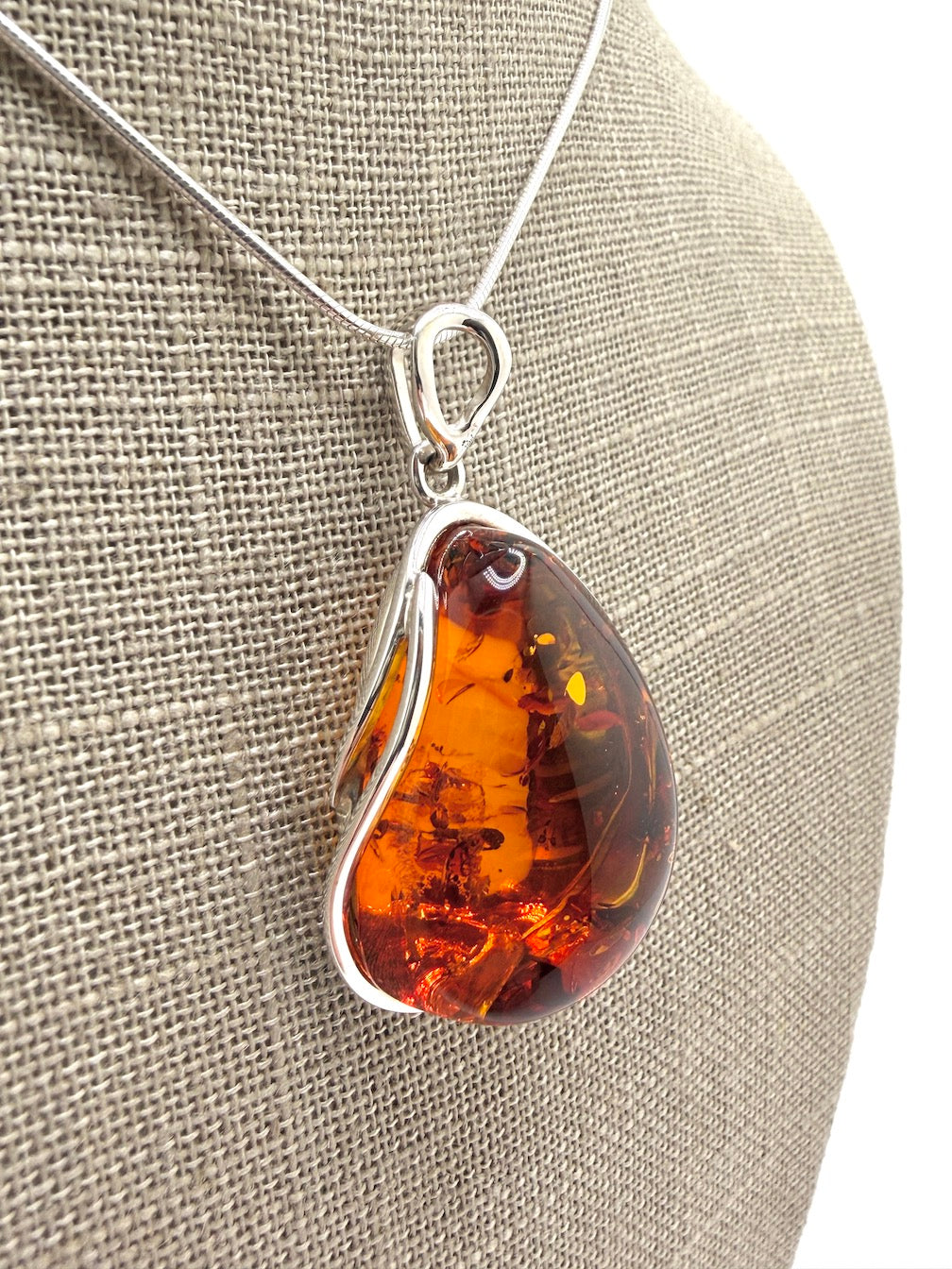 Sterling Silver Genuine Baltic Amber Organic Oval Pendant Necklace
