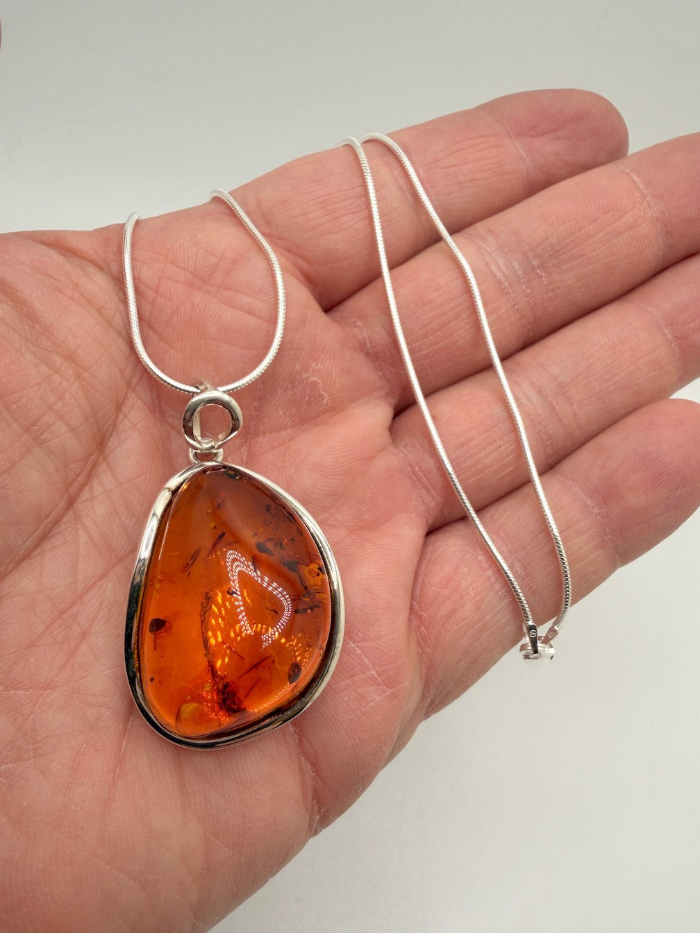 Sterling Silver Genuine Baltic Amber Organic Oval Pendant Necklace
