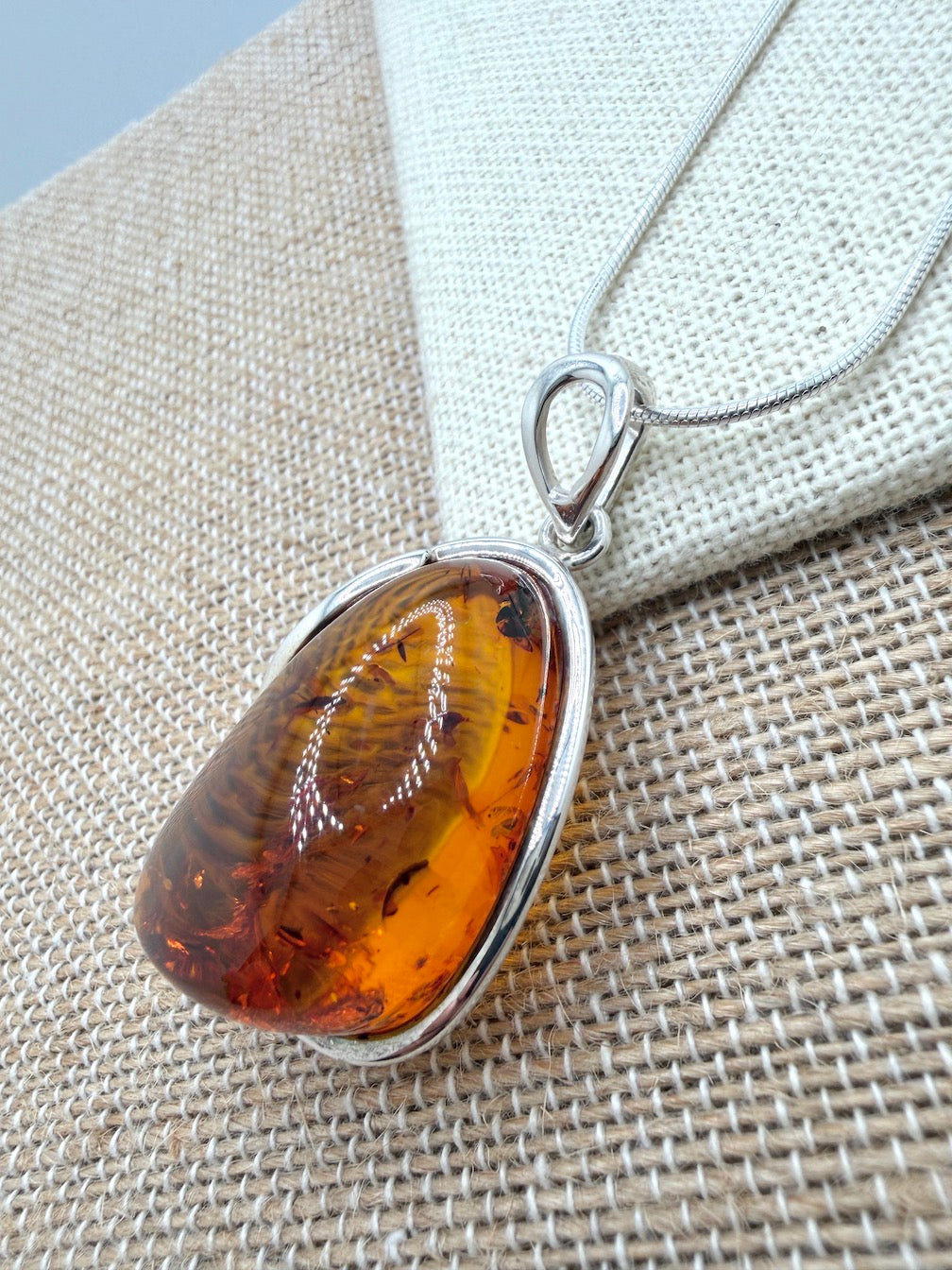 Sterling Silver Genuine Baltic Amber Organic Oval Pendant Necklace