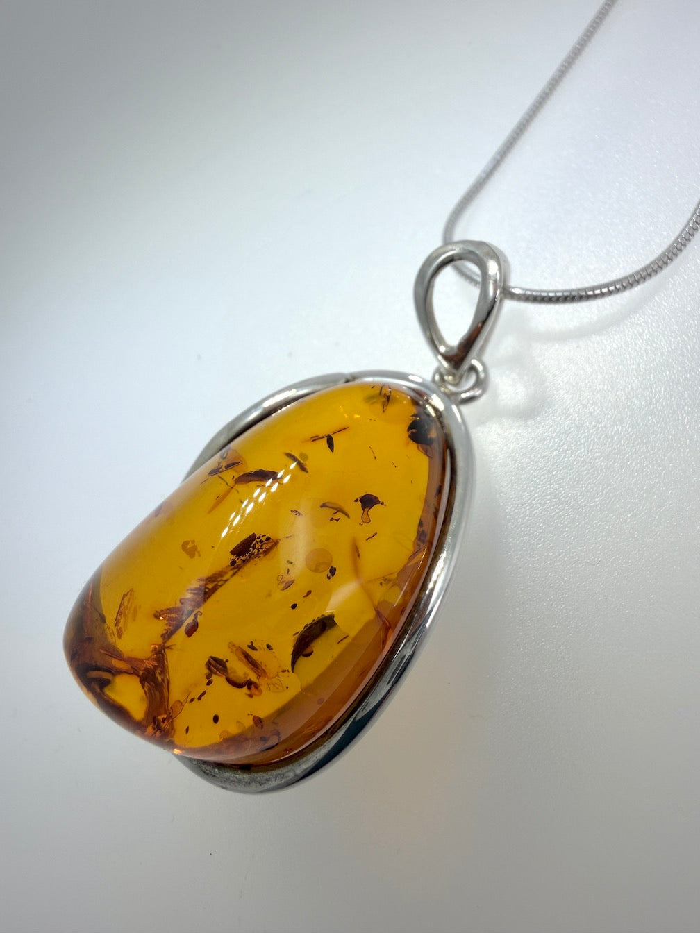 Sterling Silver Genuine Baltic Amber Organic Oval Pendant Necklace