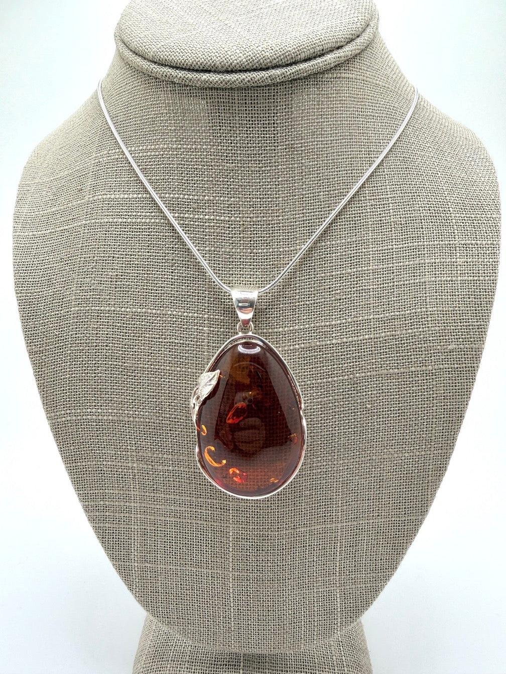 Handmade in Poland • Sterling Silver Genuine Baltic Amber Oversized Oval Pendant Necklace