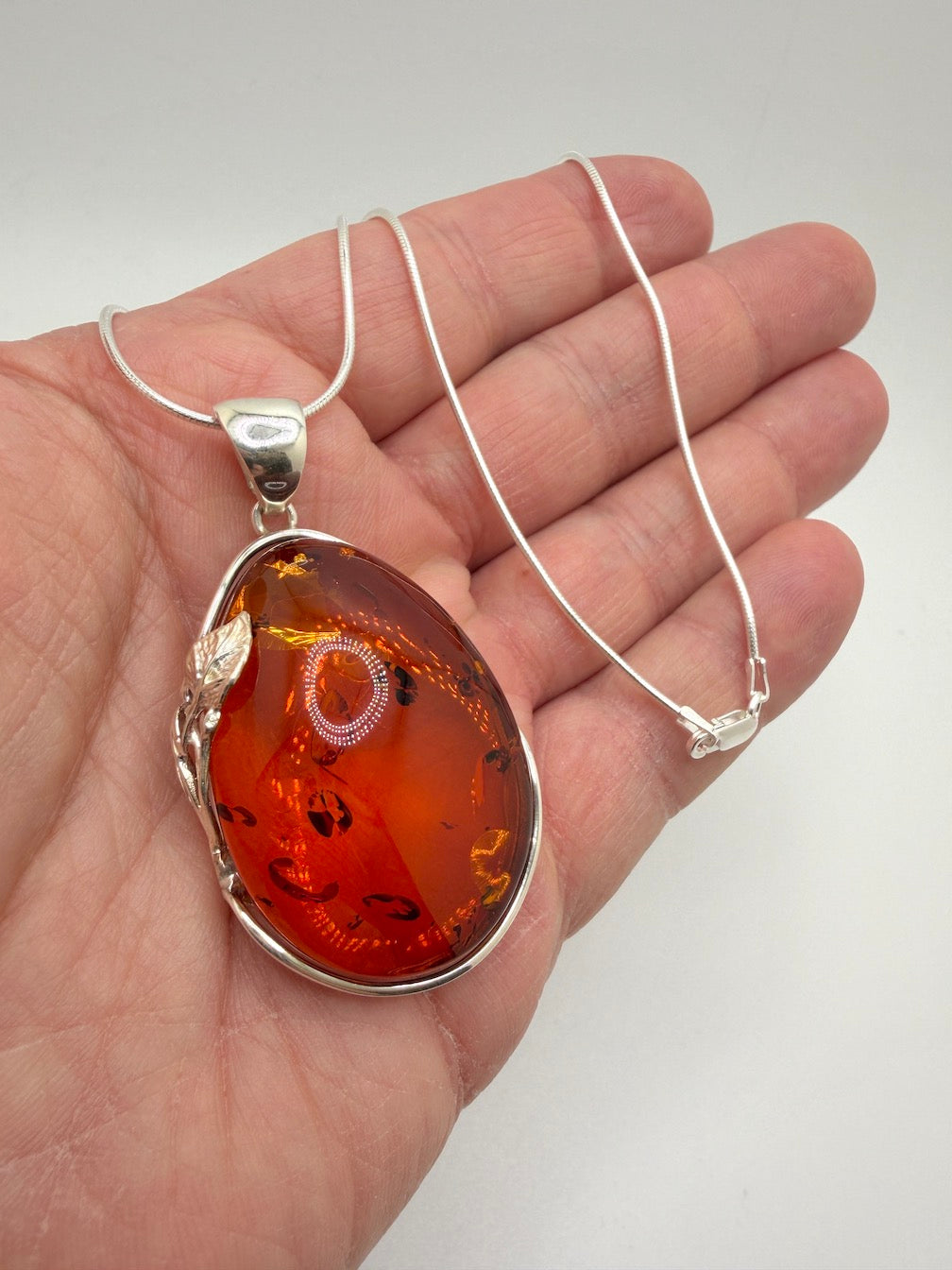 Handmade in Poland • Sterling Silver Genuine Baltic Amber Oversized Oval Pendant Necklace