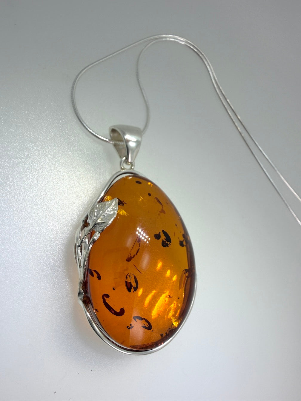 Handmade in Poland • Sterling Silver Genuine Baltic Amber Oversized Oval Pendant Necklace