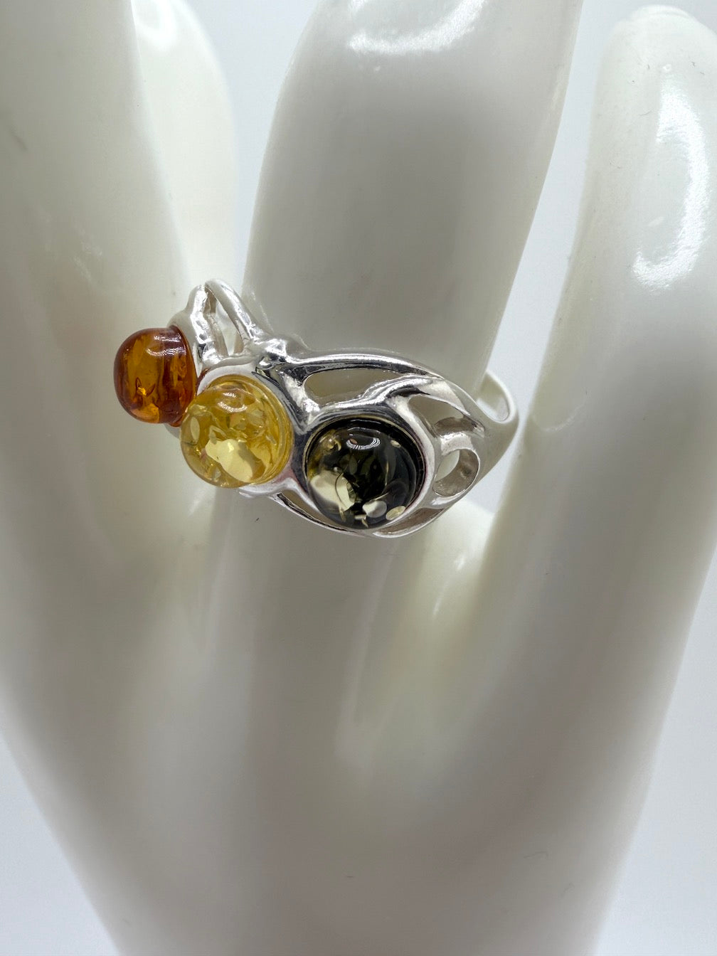 Sterling Silver Genuine Baltic Amber Three Stone Band Ring – Swirl Floral Design