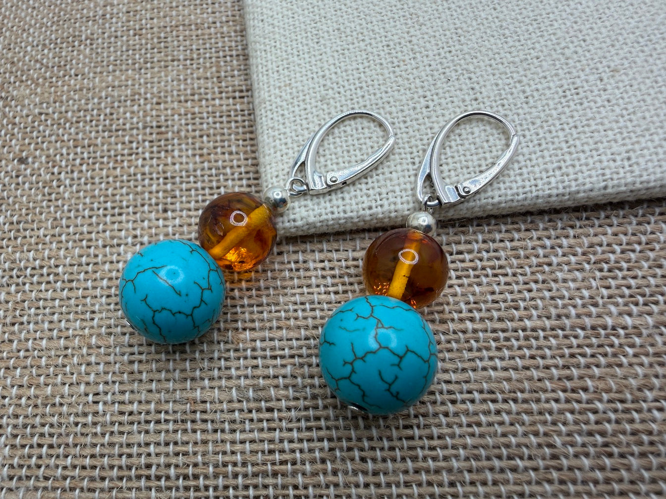 Sterling Silver Genuine Baltic Amber & Turquoise Howlite Drop Lever-Back Earrings