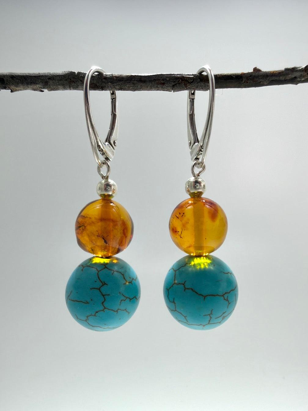 Sterling Silver Genuine Baltic Amber & Turquoise Howlite Drop Lever-Back Earrings
