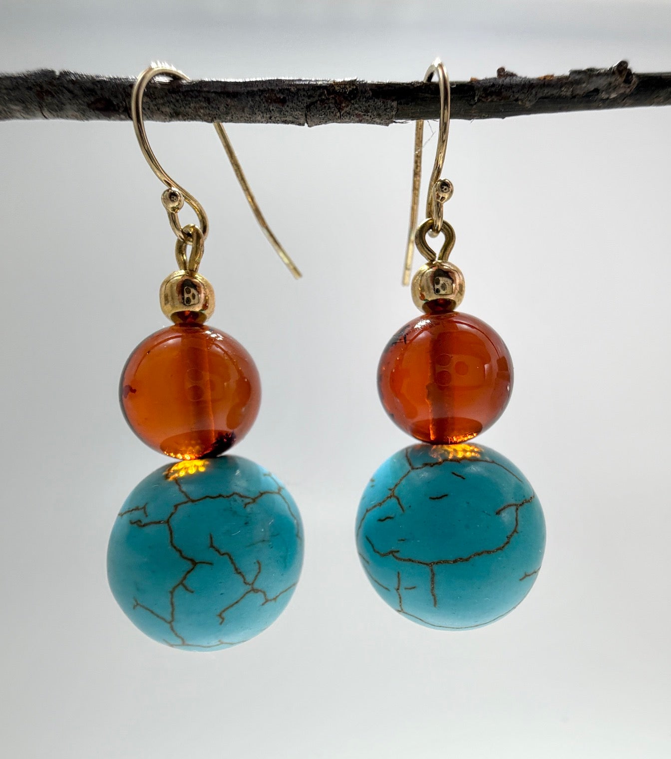 Sterling Silver Genuine Baltic Amber & Turquoise Howlite Drop Lever-Back Earrings