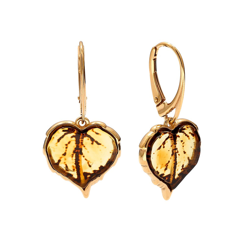 Gold-Plated Sterling Silver Baltic Amber Leaf Earrings | Handmade in Poland | Honey Amber Lever Back Drops
