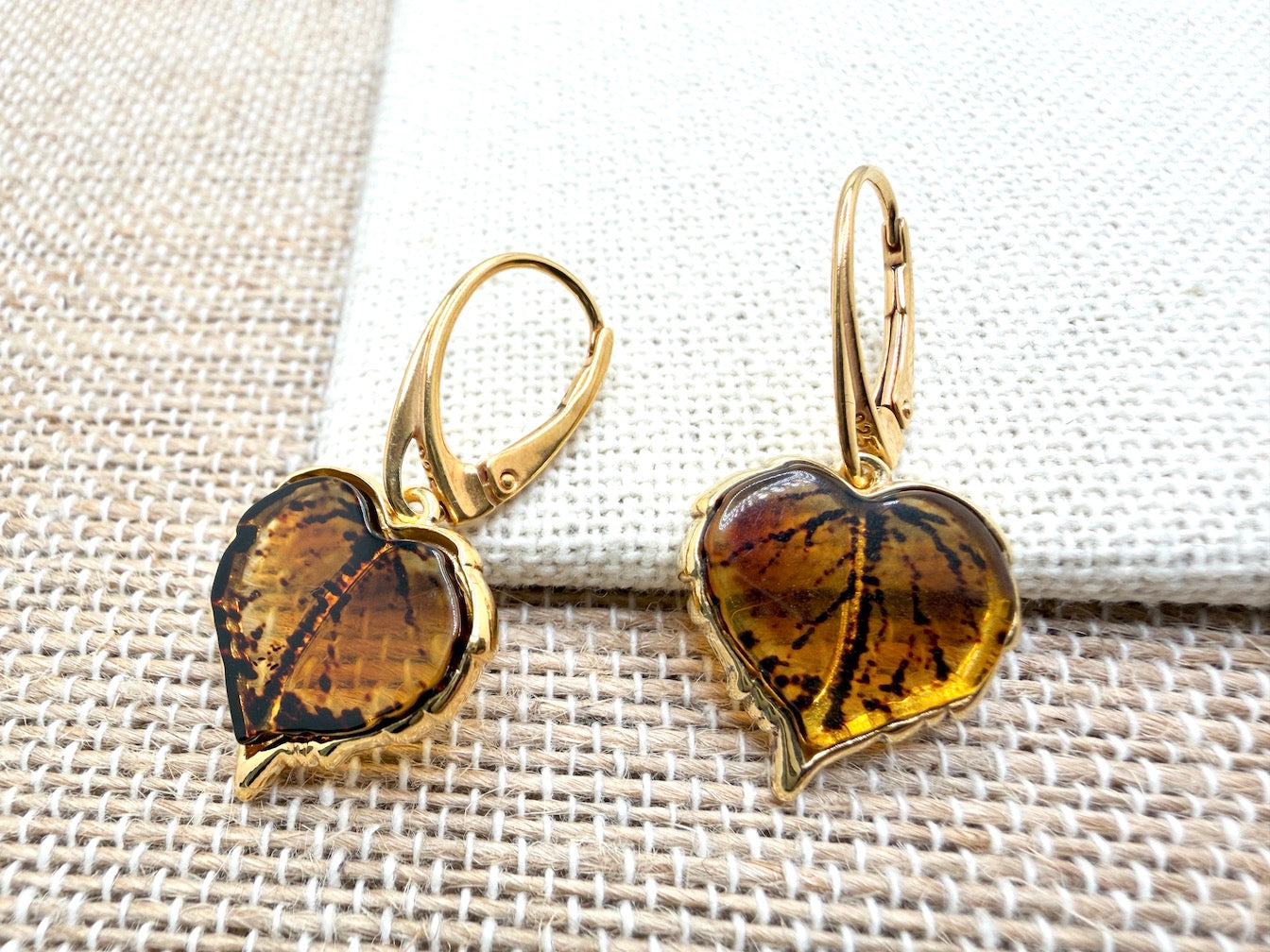 Gold-Plated Sterling Silver Baltic Amber Leaf Earrings | Handmade in Poland | Honey Amber Lever Back Drops