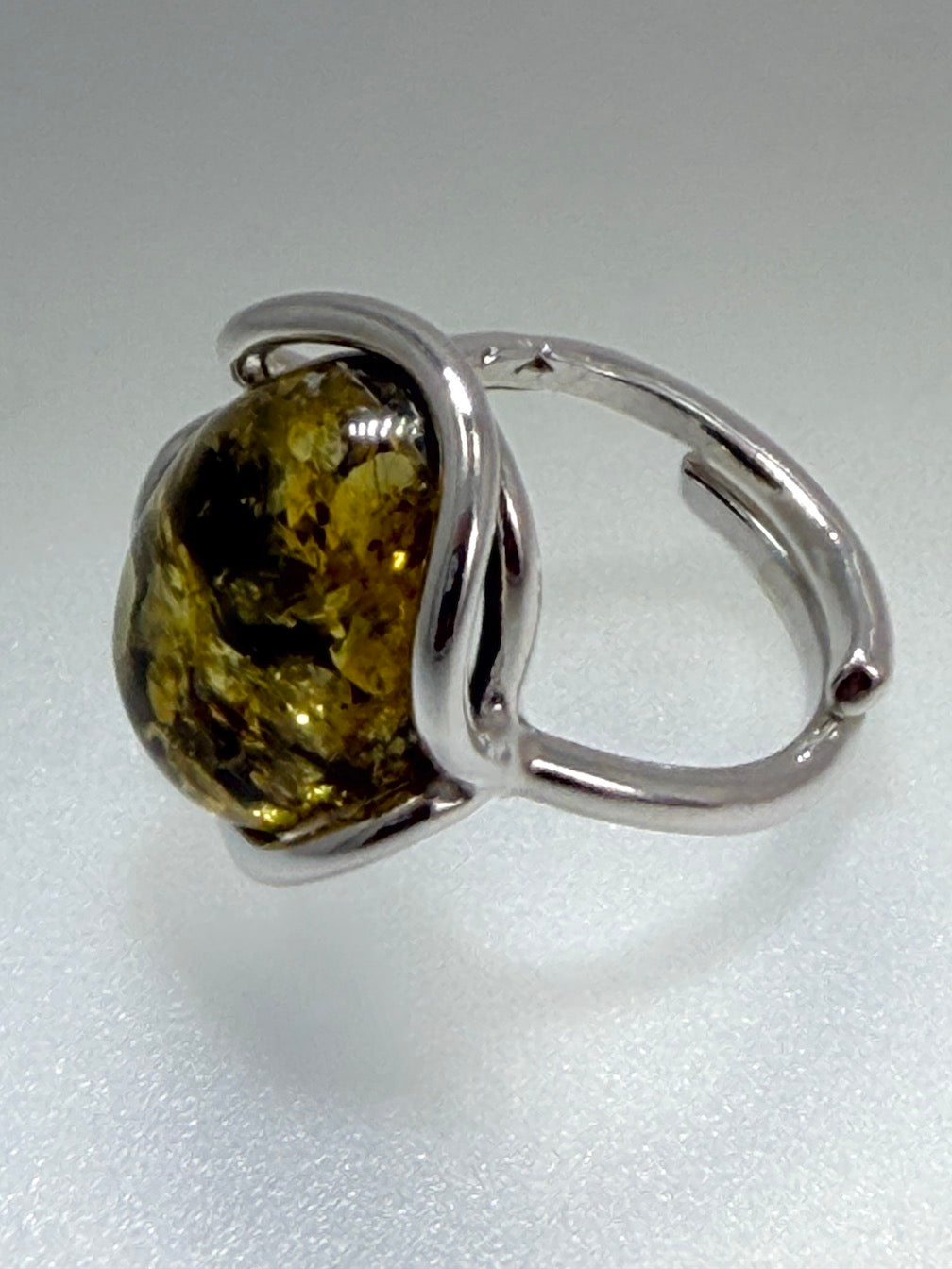 Sterling Silver Green Baltic Amber Adjustable Size Ring