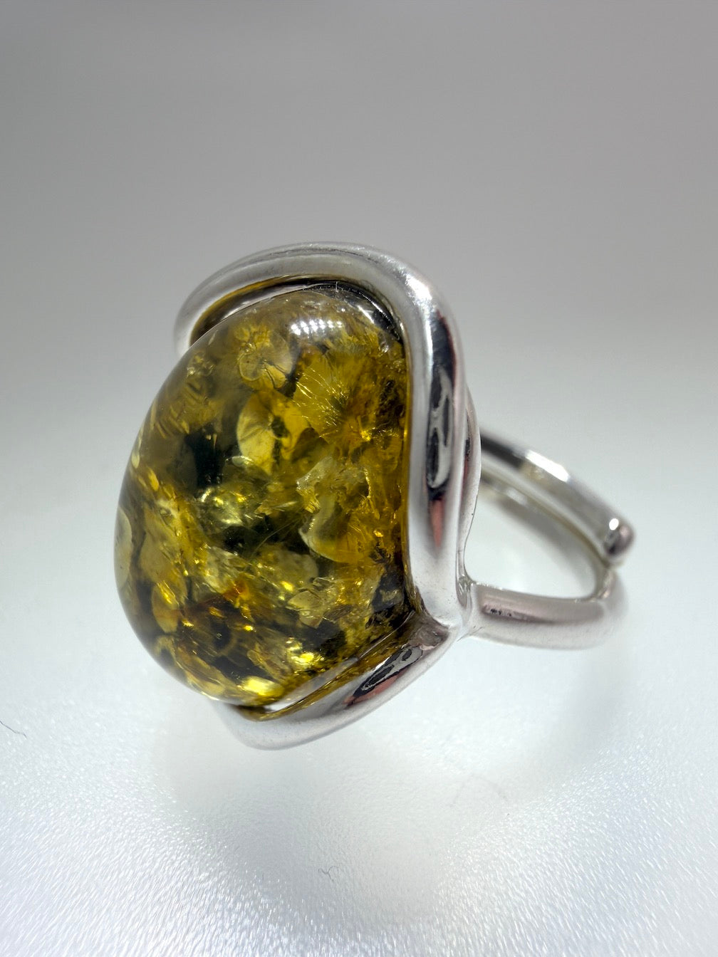 Sterling Silver Green Baltic Amber Adjustable Size Ring