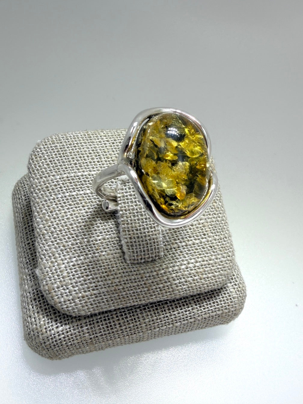 Sterling Silver Green Baltic Amber Adjustable Size Ring